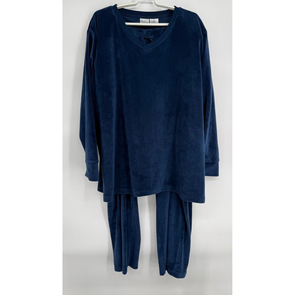 Serra Womens Navy Blue Velour Lounge Pajama Set Sz XL 16/18 V-Neck Long Sleeve